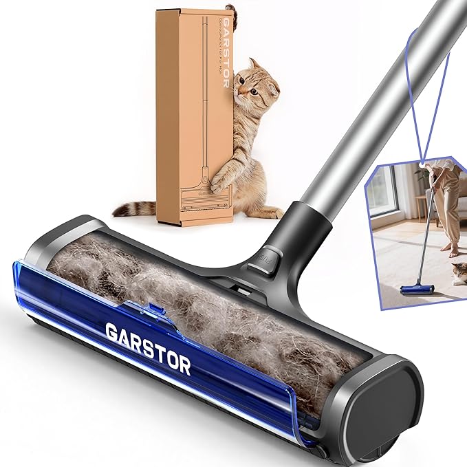 Carpet Hair Removal Tool, Long Handle Dog Hair Remover, Reusable Carpet Sweeper, Pet Fur Remover with Dust Container for Carpet, Rugs, Mats, Furniture, Upholstery