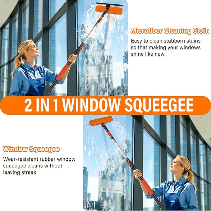 26FT Telescoping Window Squeegee Kit | 2-in-1 Professional Window Washer & Microfiber Scrubber with Extension Pole | High Reach Cleaning Tool for Outdoor, Indoor Windows & Glass
