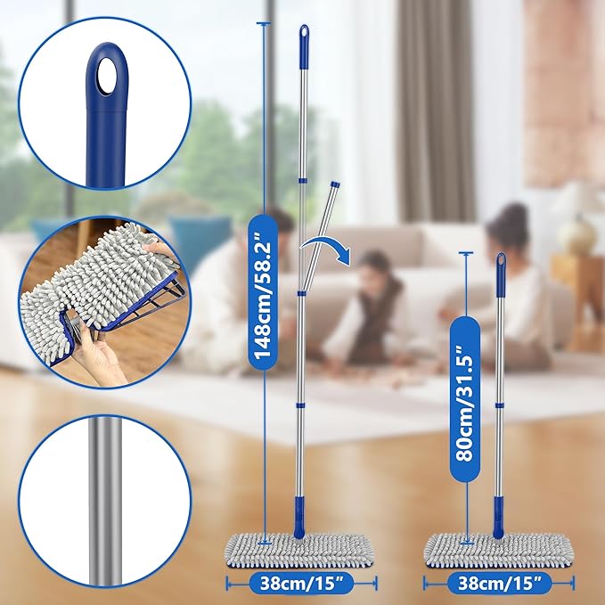 2-Sided Microfiber Dust Mop: Dry Flat Wall Mop for Hardwood Floors with 3 Reusable Pads Reversible Head for Apartment Kitchen Tile Laminate Pet Hair Cleaning