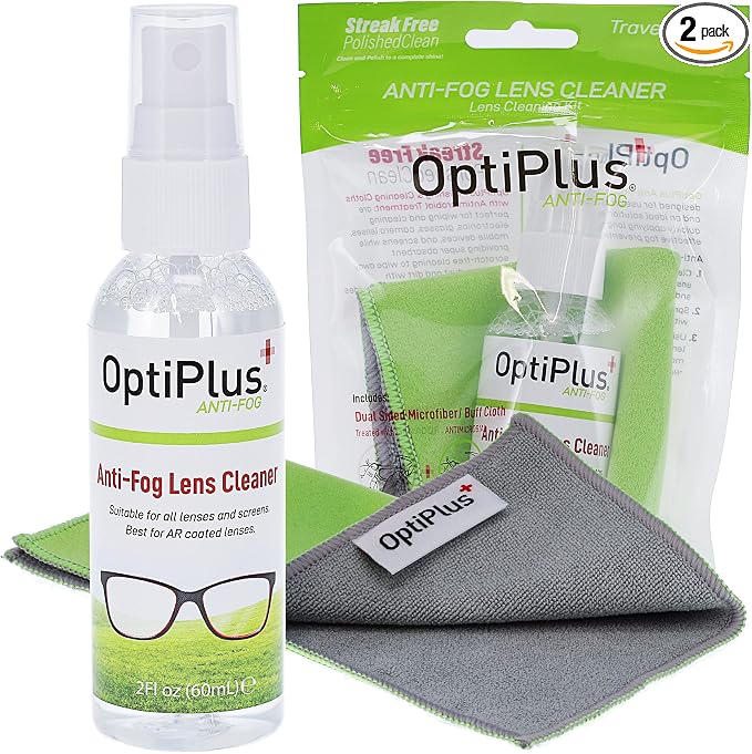 OptiPlus Anti-Fog Lens Cleaning Spray and Dual Microfiber Cloth | Streak-Free Cleaner and Defogging Spray for Glasses, L