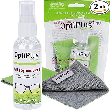 OptiPlus Anti-Fog Lens Cleaning Spray and Dual Microfiber Cloth | Streak-Free Cleaner and Defogging Spray for Glasses, L