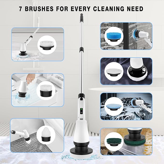 KEROMEE Electric Spin Scrubber Cordless Cleaning Brush with 7 Replaceable Brush Heads & Adjustable Extension Handle, 2 Speed Power Shower Scrubber for Bathroom, Tub, Tile, Floor (White)