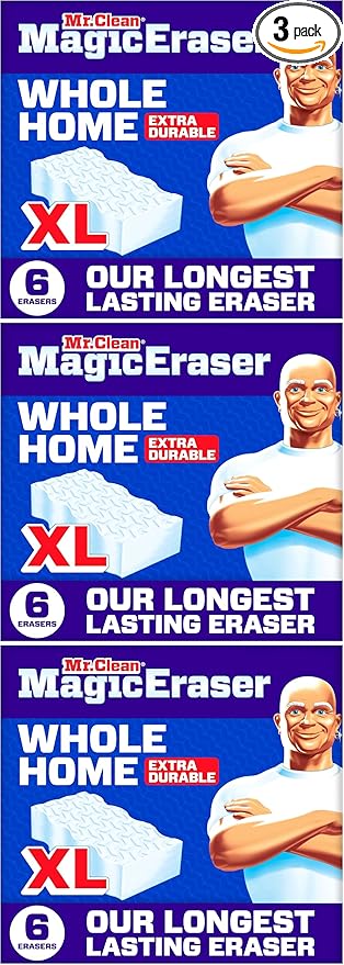 Mr. Clean Magic Eraser Sponge, All Purpose Cleaner, Long Lasting Cleaning Scrubber,Wall,Sneaker,Oven, Kitchen, Bathroom Cleaner, Shower Cleaning Supplies, Whole Home Extra Durable XL, 6ct (Pack of 3)