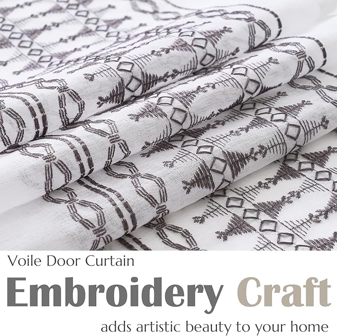 jinchan French Door Curtain Privacy Boho Embroidered Semi Sheer Voile Front Curtain for Window Doorway Closet, Door Panel with Tieback Rod Pocket 1 Panel (Grey on White, 55W x 72 L Inch)
