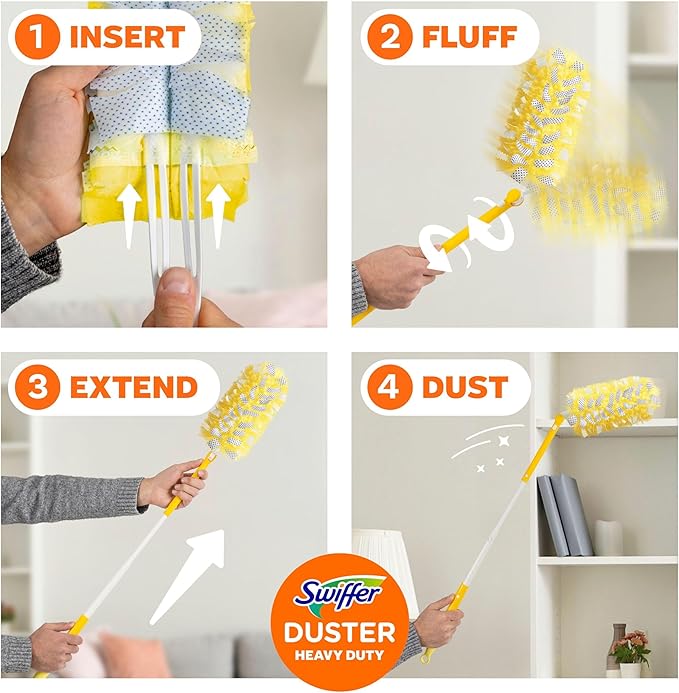 Swiffer Duster Kit with 3 ft Extendable Handle, Dusters for Cleaning, Set Includes 1 Extension Pole and 12 Heavy Duty Dusting Refills Dust Cleaner, Long Extended Wand for Ceiling Fans and Walls