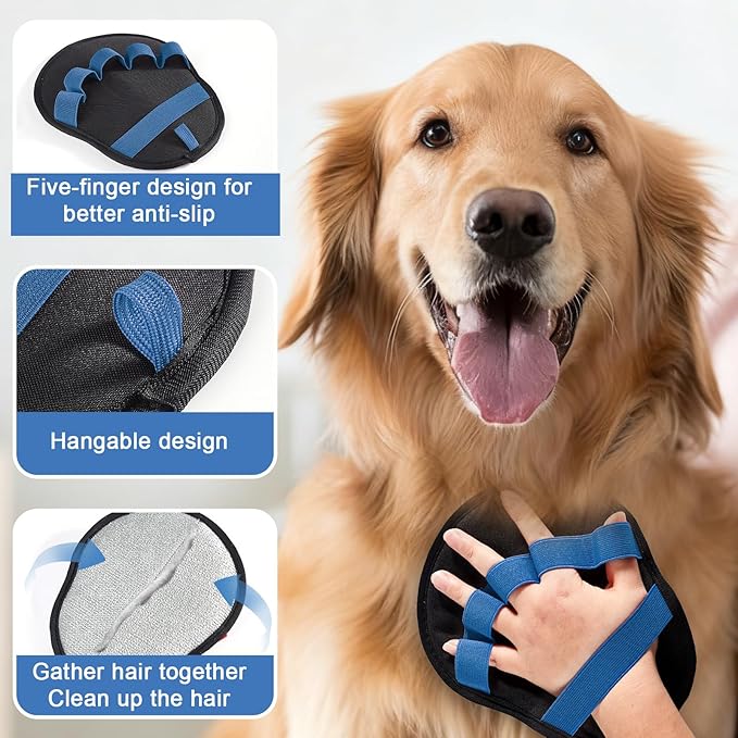 Lonfliness 2pcs Pet Hair Fur Removal Mitt Glove for Cats Dogs 5-Finger Electrostatic Reusable Pet Hair Remover Brush Tool for Couch Furniture Carpet Laundry Clothing (Blue)