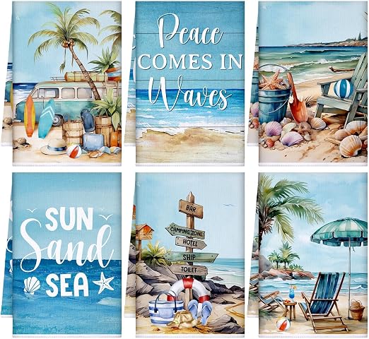 Bencailor 6 Pcs Summer Beach Kitchen Towels Coastal Ocean Dish Towels Absorbent 24 x 16 Inches Sea Shell Beach Hand Tea 