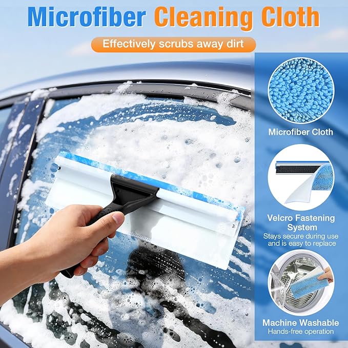 Window Squeegee for Home Window Cleaning – Squeegee and Microfiber Window Scrubber, Glass Squeegee for Shower Glass Door,Mirror,Car Windshield,Bathroom,Household Window Cleaner Tool,13.8",Blue