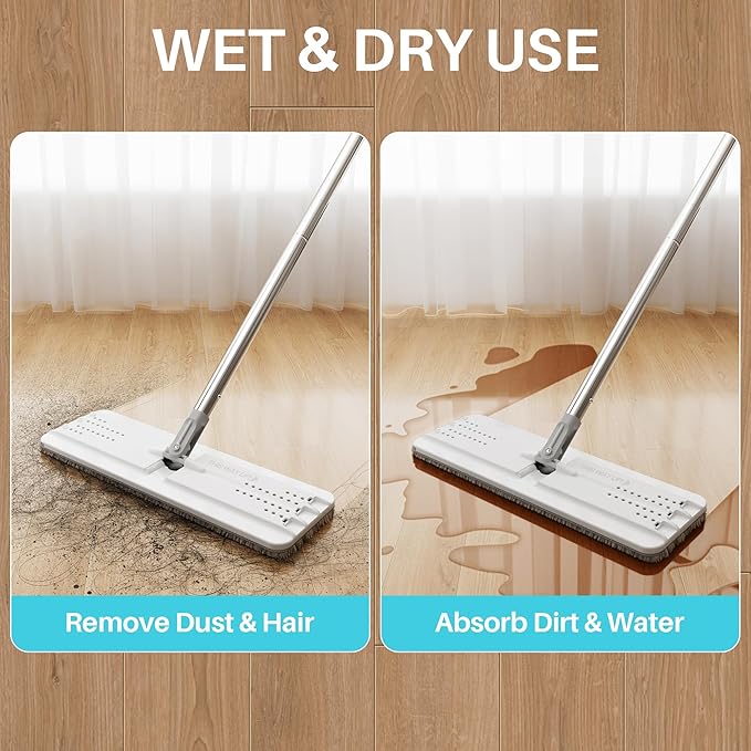 JOYMOOP Flat Mop System, 8L Mop and Bucket Set with Extension Handle, White, Large Capacity Floor Cleaning Mop for Household & Commercial Use, Includes 5 Microfiber Pads for Wet & Dry Cleaning