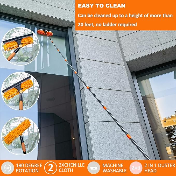 20+ Ft Reach 2 in 1 Window Washing Squeegee with 3-14 ft Spliceable Extension Pole // Window Cleaning Tool & Window Washer Squeegee for Home Indoor Outdoor Window Washing