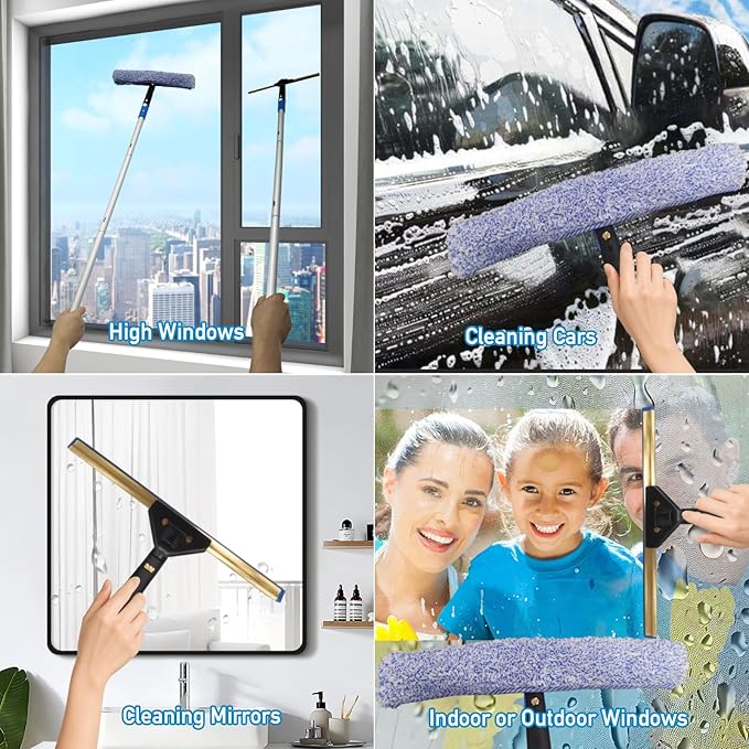 Window Cleaning Kit with Storage Bucket,Window Washing Kit with 4.13Ft Extension Pole,Scrubber,Spray Bottle,Duster Cloth,Squeegee with Rotating Head,Professional Window Cleaning Squeegee Kit