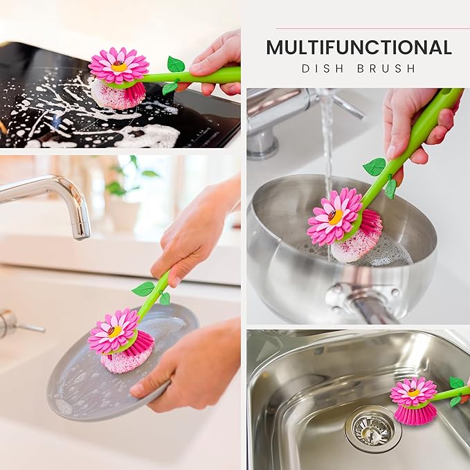 Vigar Flower Power Dish Brush with Handle and Vase Holder - Dish Scrub Brush for Dishes, Kitchen Scrub Brush, Dish Brush with Handle, Sink Cleaning Brush, Pot Scrubber, Dishwashing Brush - Pink