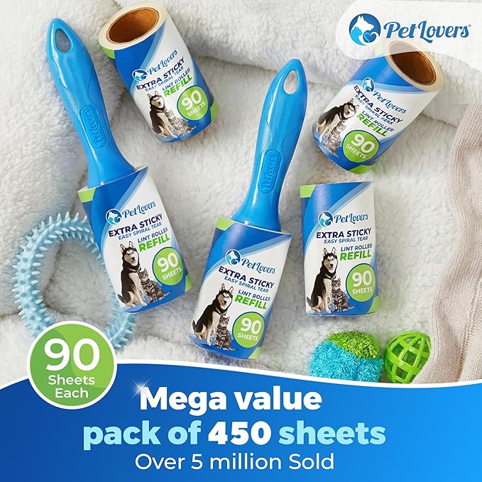 PetLovers Extra Sticky Lint Roller Mega Value Set 450 Sheets for Pet Hair Removal and Clothes, Dog and Cat Lint Remover 5 Pack