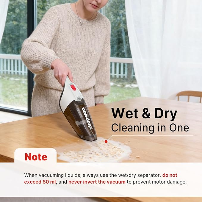 Shop-Vac Wet/Dry Handheld Vacuum Cordless, Powerful Portable Car Vacuum Rechargeable, Wall-Mounted Hand Vac with Crevice Tool, Lightweight Hand Vacuum for Home & Car, Washable Filter, White