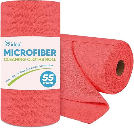 AIDEA Microfiber Cleaning Cloth Roll-55 Sheets, Red Cleaning Rags 11×9"