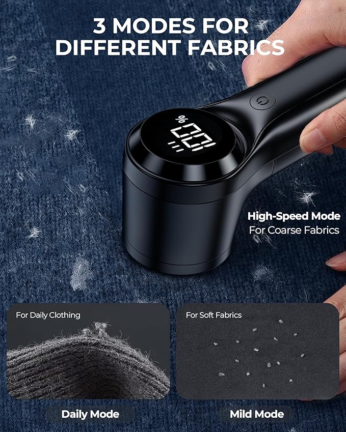 FrSara Fabric Shaver, Rechargeable Lint Remover, 3-Speed Electic Lint Shaver, 6-Blade Sweater Shavers to Remove Pilling, Battery Powered with LED Display for Furniture,Clothes, Upholstery, Black