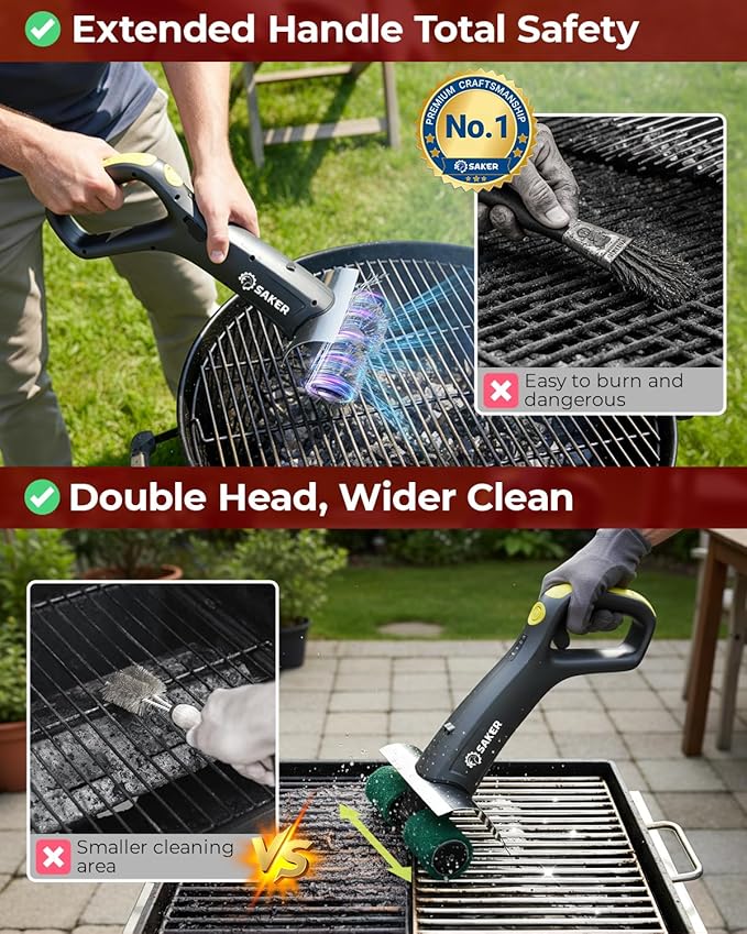 Saker Electric Grill Brush with 450 RPM & LED Light | Tangle-Free Grill Cleaning Brush with Durable Roller | Complete 8-Piece Brush & Scouring Pad Kit | Ideal Grilling Gift for Dad
