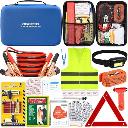15PC Car Emergency Kit with Jumper Cables, First Aid, Blue