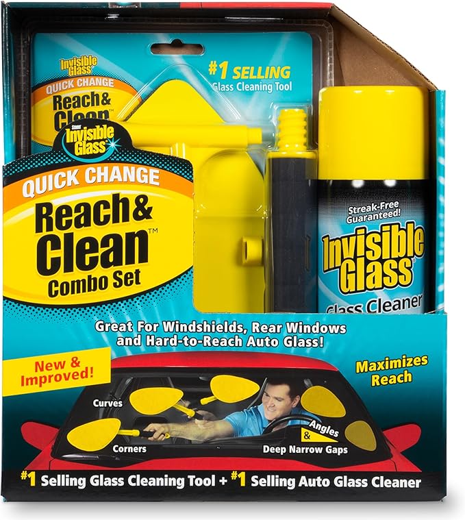 Invisible Glass 99031 Reach & Clean Glass Windshield Cleaner Tool Combo Kit With Premium Aerosol Glass Cleaner, Extendable Handle, (2) Reusable Quick Change Microfibers, and Storage Bag