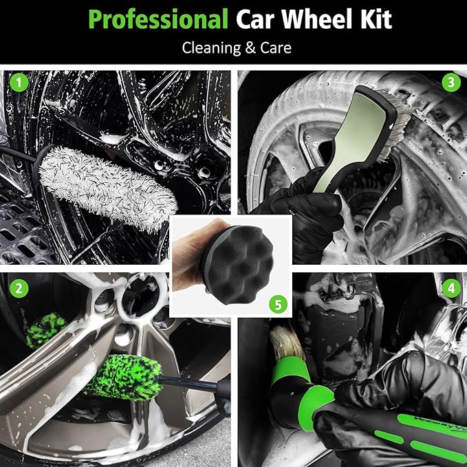 YeewayVeh 5PCS Pro Wheel Detailing Kit | 360° Bendable Rim Cleaner Brush, Premium Boar Hair Brush & Tire Shine Applicator | Microfiber Scratch-Free Wheel and Tire Brush Set for Cleaning Wheels,Tires