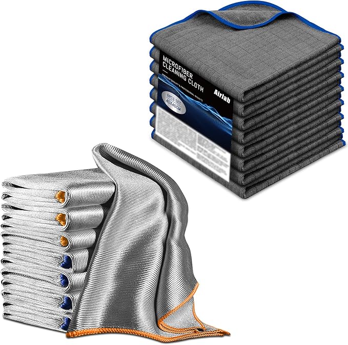 Airlab Microfiber Cleaning Cloths Polishing Windows Glass Lint Free Rags, Pack of 8 and Microfiber Towels for Cars Wash 
