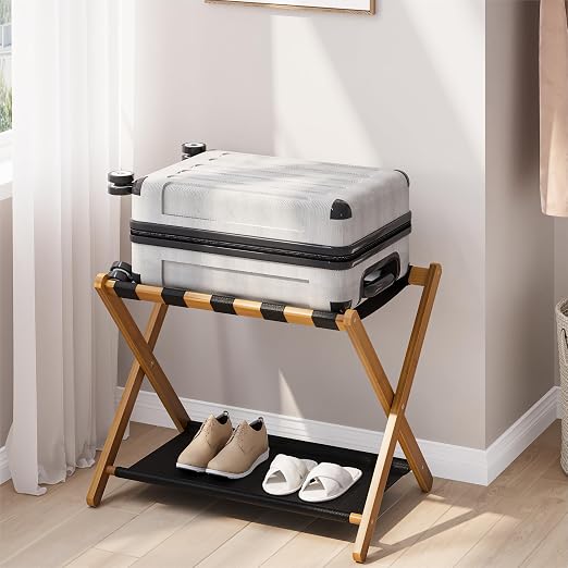 Smart FENDEE Luggage Rack, Folding Luggage Rack for Guest Room, Walnut Bamboo Suitcase Stand Holds up to 131 lb, Luggage