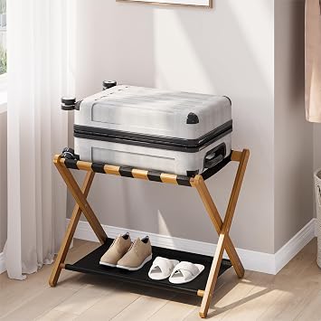 Smart FENDEE Luggage Rack, Folding Luggage Rack for Guest Room, Walnut Bamboo Suitcase Stand Holds up to 131 lb, Luggage