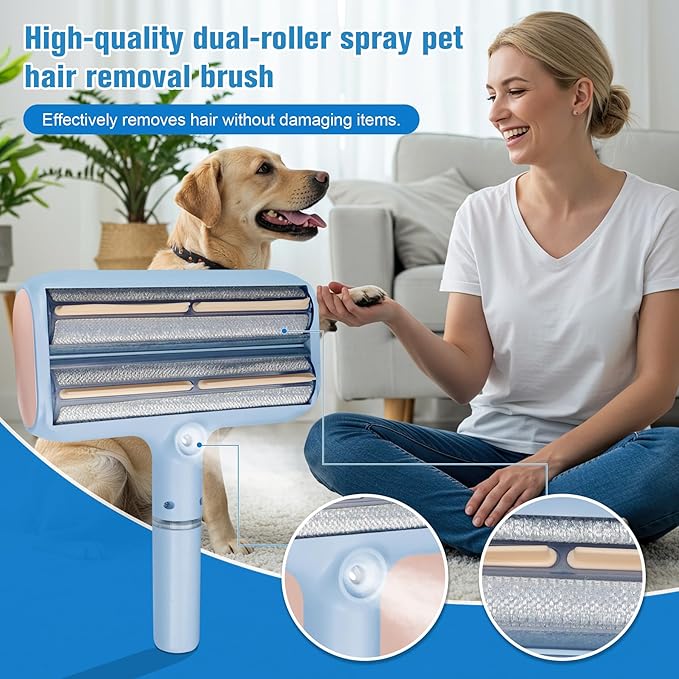 Pet Hair Remover Lint Rollers for Pet Hair Extra Sticky with Water Spray,Reusable 2-in-1 Dog Cat Hair Removal Tool for Furniture,Couch,Carpet,Bedding,and Clothes - Includes 4 Brushes