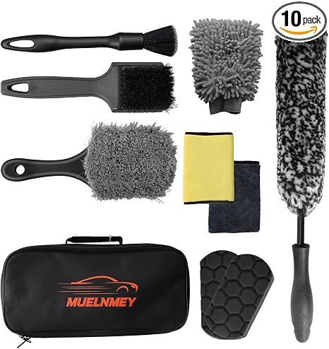 10PCS Car Wheel Cleaning Kit – Metal-Free Rim & Tire Brush Set with Wool Brush, Microfiber Cloths, Wax Pads & Storage Ba