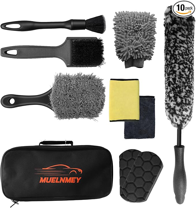 10PCS Car Wheel Cleaning Kit – Metal-Free Rim & Tire Brush Set with Wool Brush, Microfiber Cloths, Wax Pads & Storage Ba