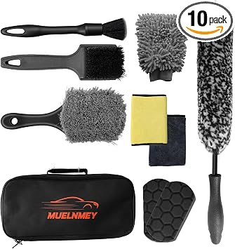 10PCS Car Wheel Cleaning Kit – Metal-Free Rim & Tire Brush Set with Wool Brush, Microfiber Cloths, Wax Pads & Storage Ba