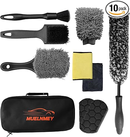 10PCS Car Wheel Cleaning Kit – Metal-Free Rim & Tire Brush Set with Wool Brush, Microfiber Cloths, Wax Pads & Storage Ba
