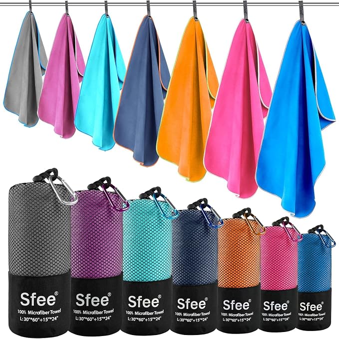 Sfee 2 Pack Microfiber Travel Towel, Quick Dry Towel Camping Towel Large Beach Towel Super Absorbent Compact Lightweight