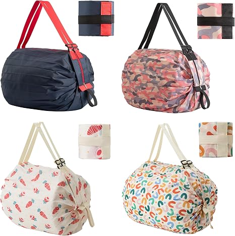 Foldable Reusable Shopping Bags 210D Nylon Waterproof Grocery Tote Travel Duffel Bag with Zipper & Adjustable Strap