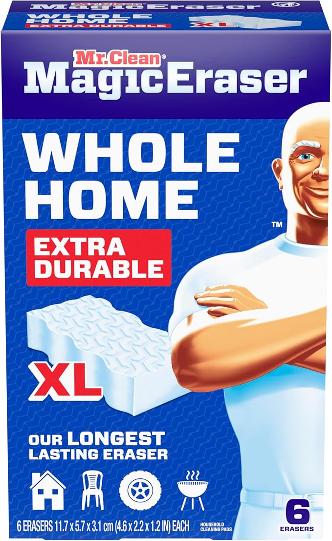 Mr. Clean Magic Eraser Sponge, All Purpose Cleaner, Long Lasting Cleaning Scrubber, Wall, Sneaker, Oven, Kitchen, Bathroom Cleaner, Shower Cleaning Supplies, Whole Home Extra Durable XL, 6ct
