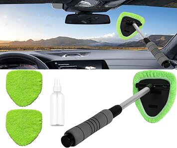 Car Windshield Cleaner Tool with Reusable Pads Extendable Handle(Green)