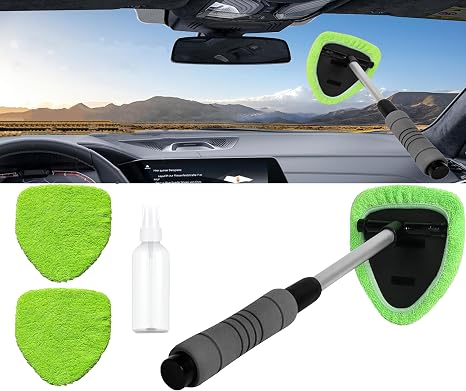 Car Windshield Cleaner Tool with Reusable Pads Extendable Handle(Green)