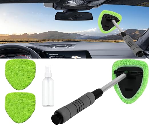 Car Windshield Cleaner Tool with Reusable Pads Extendable Handle(Green)