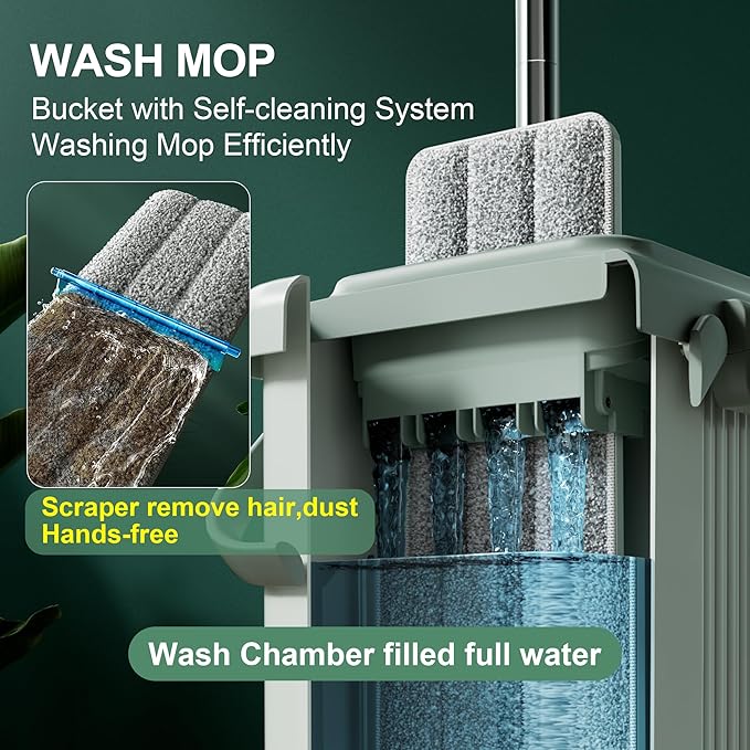 JOYMOOP Flat Mop System, Microfiber Mop and Bucket Set, Green, Household & Commercial Floor Cleaning Mop, Includes 2 Mops and 8 Large Microfiber Pads