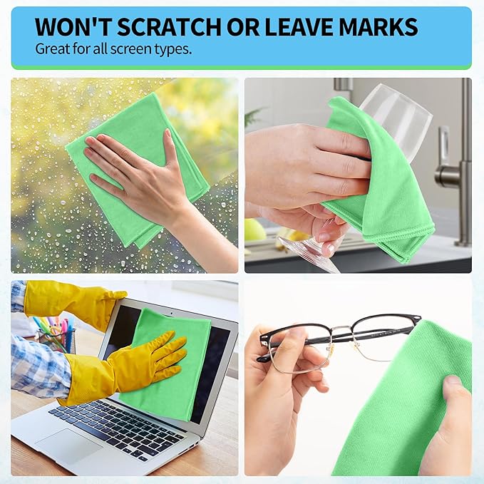 Microfiber Cleaning Cloth, 12 Pack Window Glasses Cleaning Cloth, Reusable Lint-Free Streak Free Polishing Cloth Wipes for Stainless Steel, Eyeglass, Mirror, Screen & Lense, Sage Green