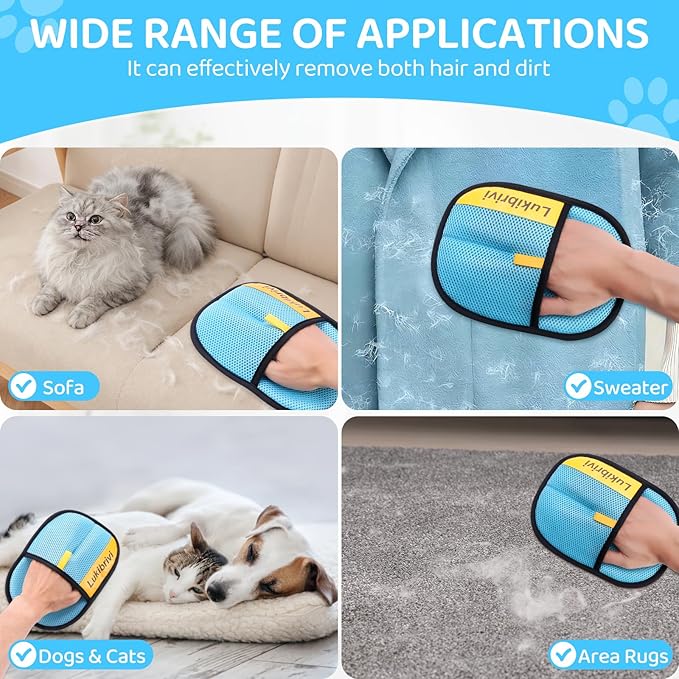 Pet Hair Removal Glove for Dogs & Cats - Upgraded Reusable Electrostatic Pet Hair Glove, Gentle Grooming Mitt, Pet Hair Remover Tool for Laundry, Couch, Carpet & Car Seat, 2 Pack (Blue)