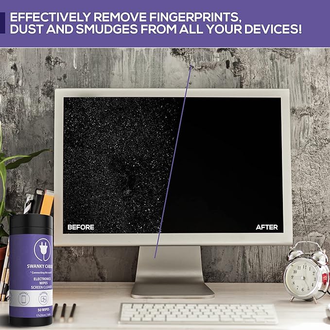 Swanky Cables Screen Cleaner Wipes: Electronic Wipes for Screens - Computer Screen Wipes for Lens, Phone, Tv Screen and Monitor Cleaning - Tech Wipes & Microfiber Cloth (Canister, 300 Count)