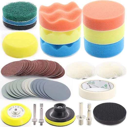 74PCS 3Inch Car Headlight Restoration and Polishing Kit, Sanding Discs with 1/4" and M10 Backing Pad,Scouring Pads, Inte