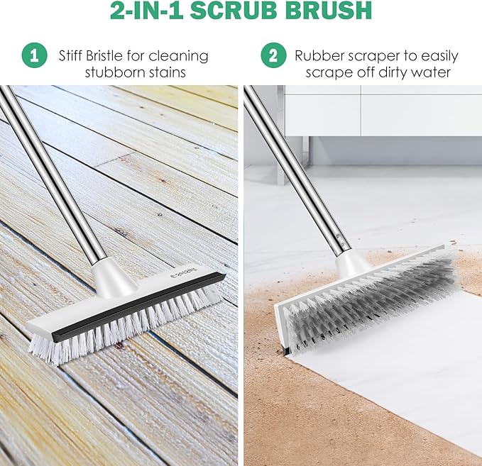SetSail Floor Scrub Brush with 51-Inch Long Adjustable Handle 2 in 1 Scrape Brush Stiff Bristle Floor Scrubber for Cleaning Shower Bathroom Garage Kitchen Wall Deck Tub Tile,Black White