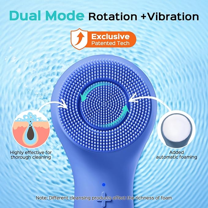 COSLUS FBS03 Face Scrubber Facial Cleansing Brush: 2 in 1 Spin and Vibration Patented, Silicone Electric Exfoliator Scrubber with Automatic Foaming, Waterproof Face Cleanser Brush for Men and Women