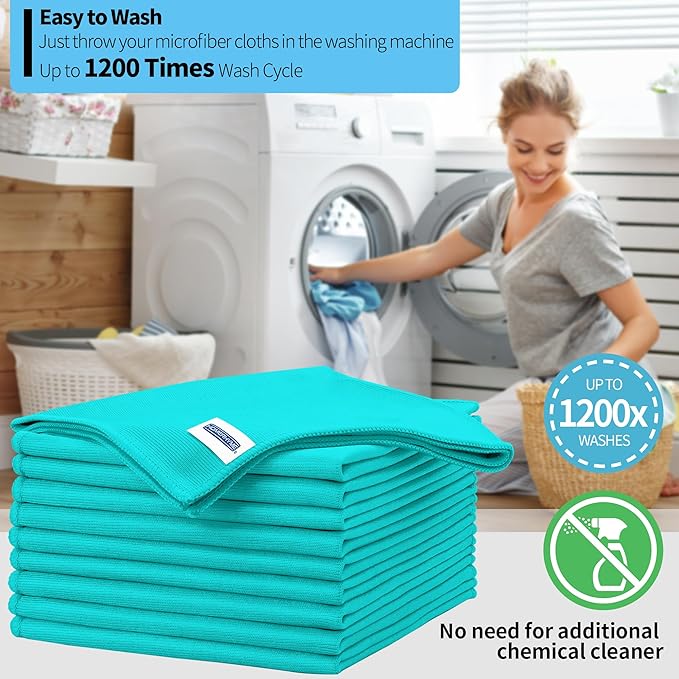 Microfiber Cleaning Cloth - 10 Pack Glasses Cleaning Cloth, 16" x 14" Window Cleaning Rags, Streak Free Lint Free Polishing Cloths Wipes for Eye Glass, Stainless Steel, Windshield, Turquoise