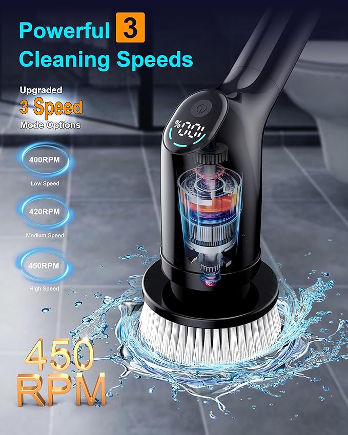 Shower Scrubber with Long Handle for Cleaning Bathroom, Electric Spin Scrubber Cleaning Brush with IPX7 Waterproof & 2Speed, 3Brush Heads, Bathroom Cleaning Supplies for Shower Tub Tile Toilet, Black