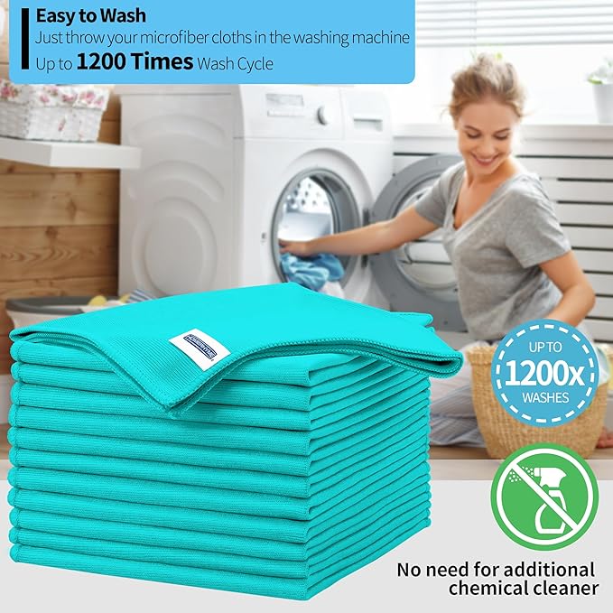 Microfiber Cleaning Cloth, 12 Pack Window Glasses Cleaning Cloth, Reusable Lint-Free Streak Free Polishing Cloth Wipes for Stainless Steel, Eyeglass, Mirror, Screen & Lense, Turquoise