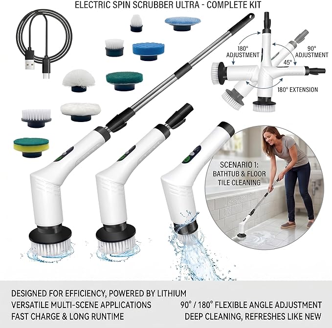 Spin Scrubber, 9-in-1 Multifunctional Electric Cleaning Brush with Detachable Handle, 9 Replaceable Brush Heads & LCD Display, Rechargeable for Bedroom, Bathroom, Kitchen, Car