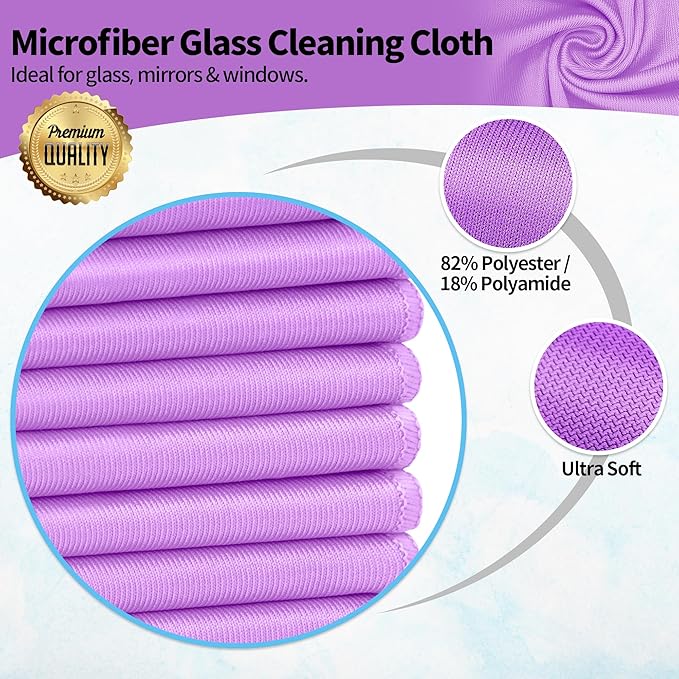 Microfiber Cleaning Cloth - 10 Pack Glasses Cleaning Cloth, 16" x 14" Window Cleaning Rags, Streak Free Lint Free Polishing Cloths Wipes for Eye Glass, Stainless Steel, Windshield, Purple